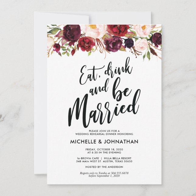 Burgundy Floral Wedding Rehearsal Dinner Invites (Front)