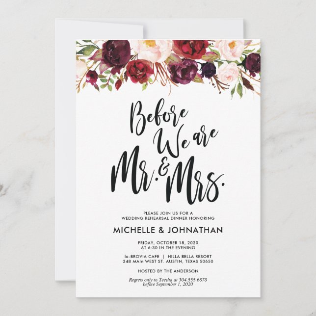 Burgundy Floral Wedding Rehearsal Dinner Invites (Front)