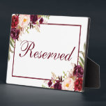 Burgundy Floral Wedding Reserved 5x7 Table Plaque<br><div class="desc">Watercolor Floral Burgundy Marsala Wedding Reserved 5x7 Table Plaque</div>
