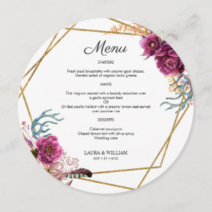 Burgundy Floral Wedding Round Menu For Plate