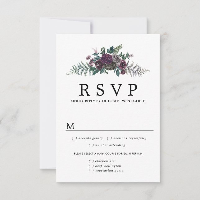 Burgundy Floral Wedding RSVP Card, Meal Options (Front)