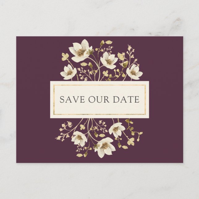 Burgundy Floral Wedding Save the Date Announcement Postcard (Front)
