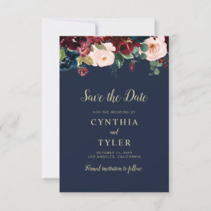burgundy floral wedding save the date card