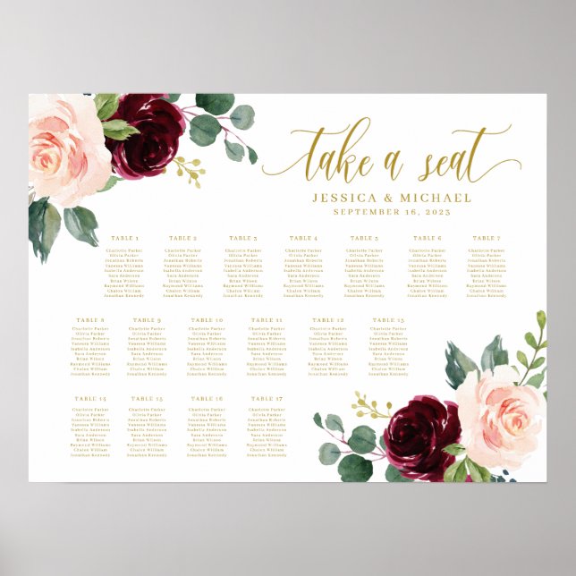 Burgundy Floral Wedding Seating Chart (Front)