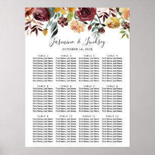 Burgundy Floral Wedding Seating Chart Poster