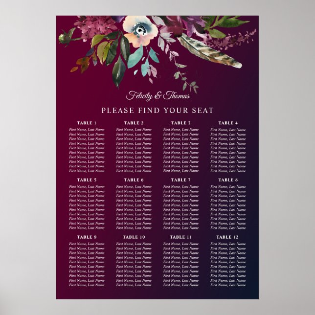 Burgundy Floral Wedding Seating Chart Template (Front)