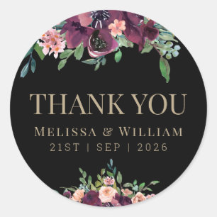 Burgundy Floral Wedding Thank You Black Classic Round Sticker