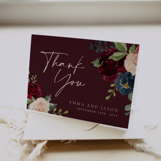 Burgundy Floral Wedding Thank You Card (Creator Uploaded)