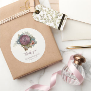 Burgundy Floral Wedding Thank You  Classic Round Sticker