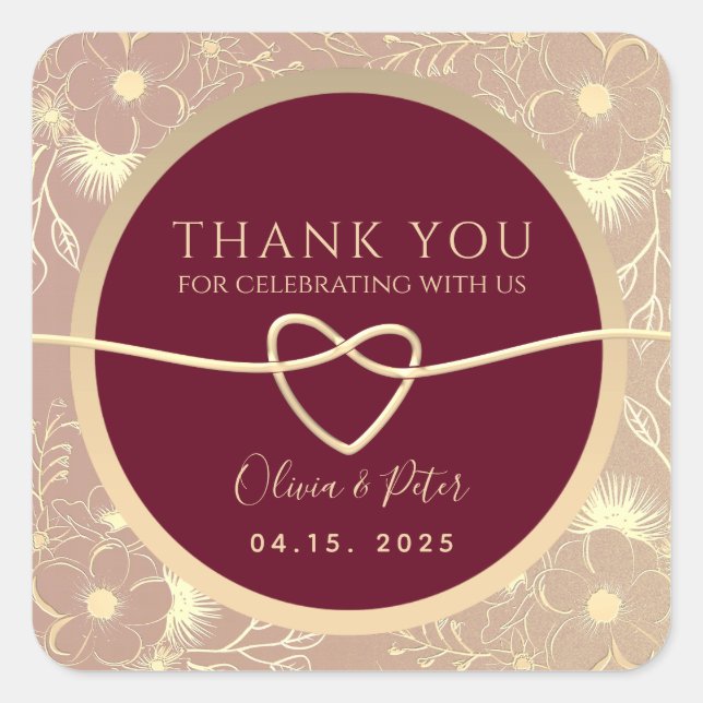 Burgundy Floral Wedding Thank You Favour Square Sticker (Front)