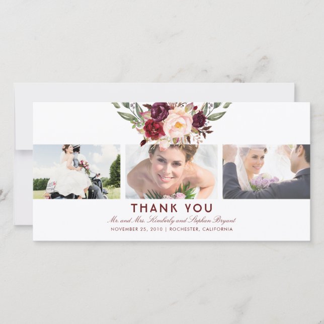 Burgundy Floral Wedding Thank You Photo (Front)