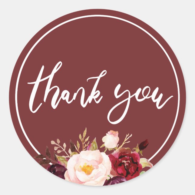Burgundy floral wedding thank you sticker (Front)