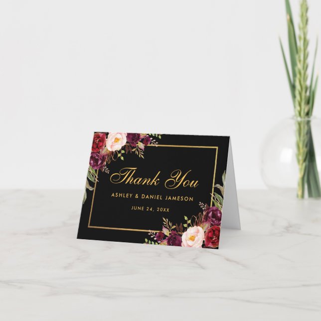 Burgundy Floral Wedding Thanks Black Note Card (Front)