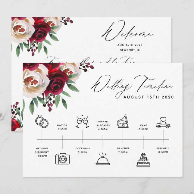 Burgundy Floral Wedding Timeline Program & Welcome Invitation (Front/Back)