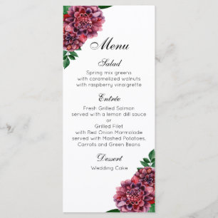 Burgundy floral wedding. Watercolor dahlias flower Menu