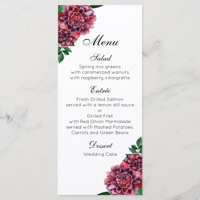 Burgundy floral wedding. Watercolor dahlias flower Menu (Front)