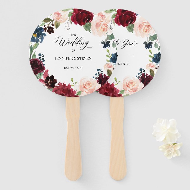 Burgundy Floral Wedding Welcome Hand Fan (Front and Back)