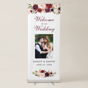 Burgundy Floral Wedding Welcome Photo Retractable Banner