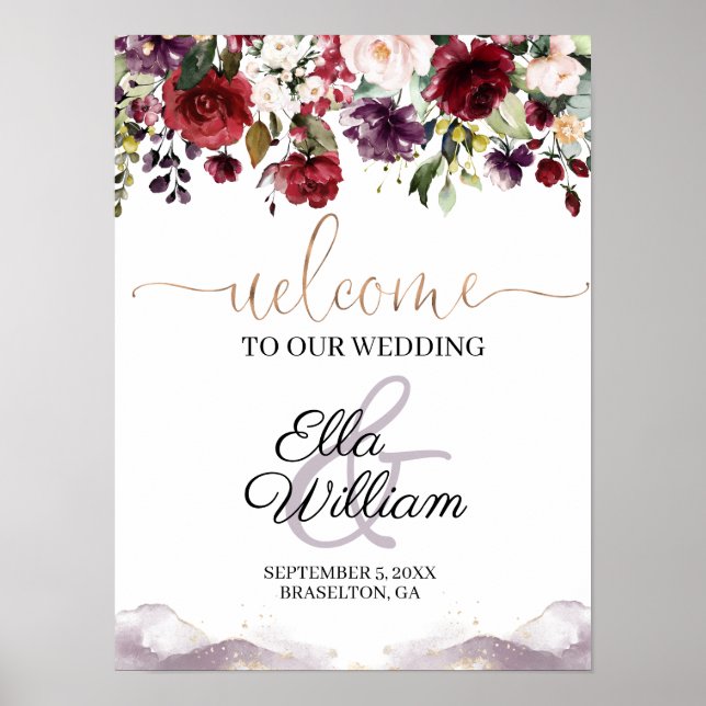 Burgundy Floral Wedding Welcome Sign (Front)