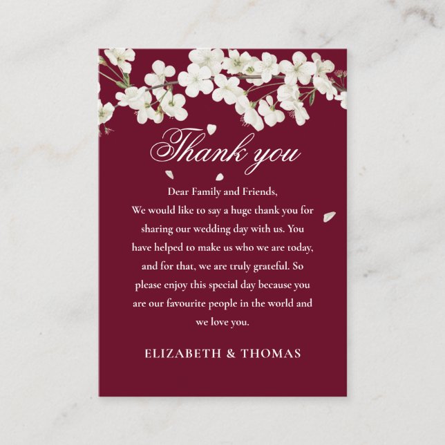 Burgundy Floral Wedding White Blossom Thank You Place Card (Front)
