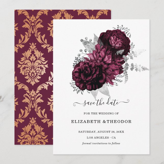 Burgundy Floral Wedding with Damask details Save The Date (Front/Back)