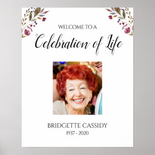 Burgundy Floral Welcome Celebration Of Life Photo Poster