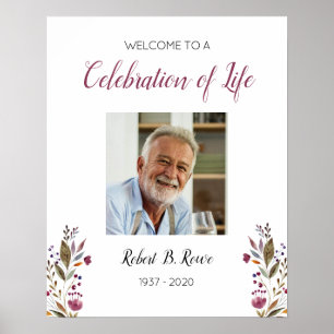 Burgundy Floral Welcome Celebration Of Life Photo Poster