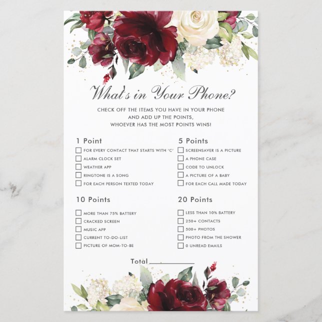 Burgundy Floral What's In Your Phone Game Shower (Front)