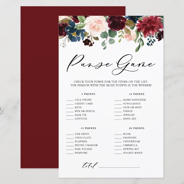 Burgundy Floral What's In Your Purse Shower Game (Front/Back)
