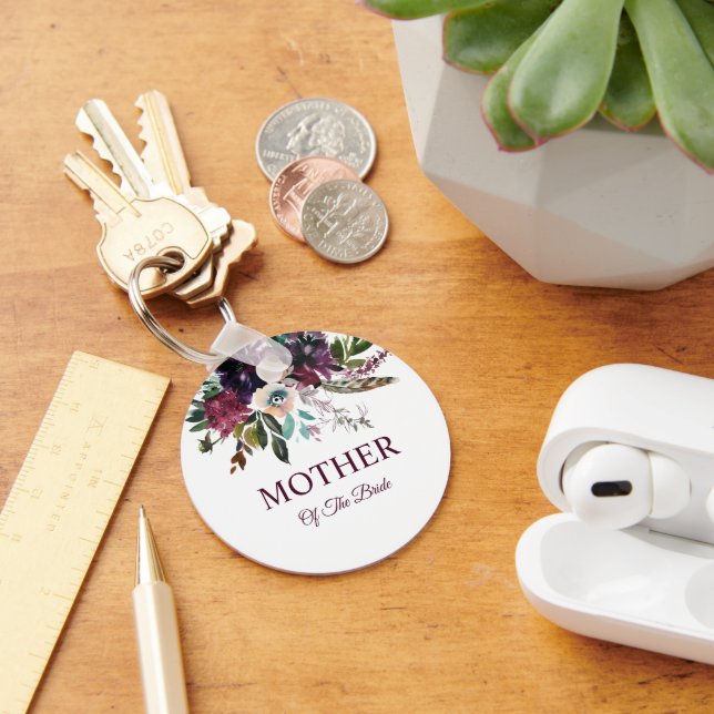 Burgundy Floral White Mother Of The Bride Key Ring (Desk)