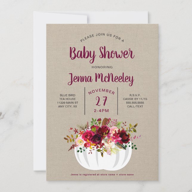 Burgundy Floral White Pumpkin Baby Shower Invitation (Front)