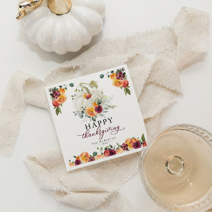 Burgundy Floral White Pumpkin Thanksgiving Napkin