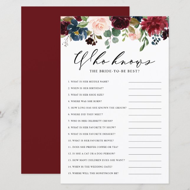 Burgundy Floral Who Knows Bride the Best Game (Front/Back)