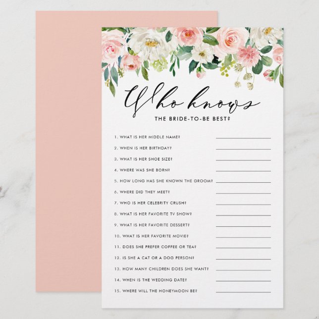 Burgundy Floral Who Knows Bride the Best Game (Front/Back)