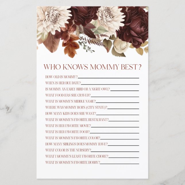 Burgundy Floral Who Knows Mummy Baby Shower Game (Front)