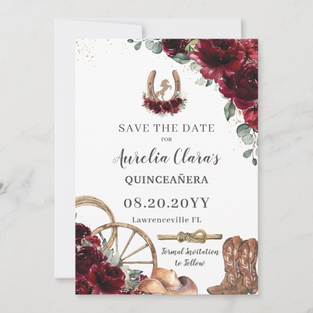 Burgundy Floral Wild West Charro Quinceañera  Save The Date (Front)