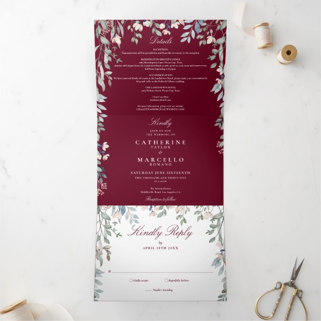 Burgundy Floral Wildflowers Photo Wedding Tri-Fold Invitation (Inside)
