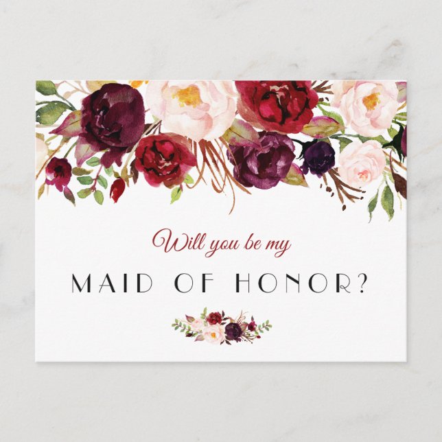 burgundy floral will you be my Maid of Honour card (Front)