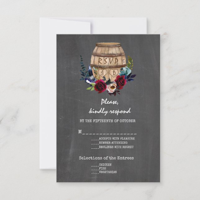Burgundy Floral Wine Barrel Fall Chalkboard RSVP (Front)