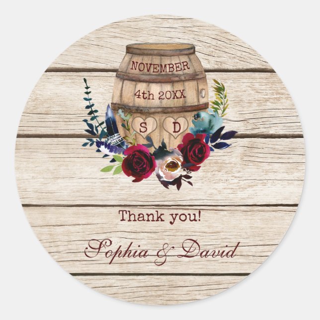 Burgundy Floral Wine Barrel Fall Wedding Classic Round Sticker (Front)