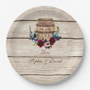 Burgundy Floral Wine Barrel Fall Wedding Paper Plate