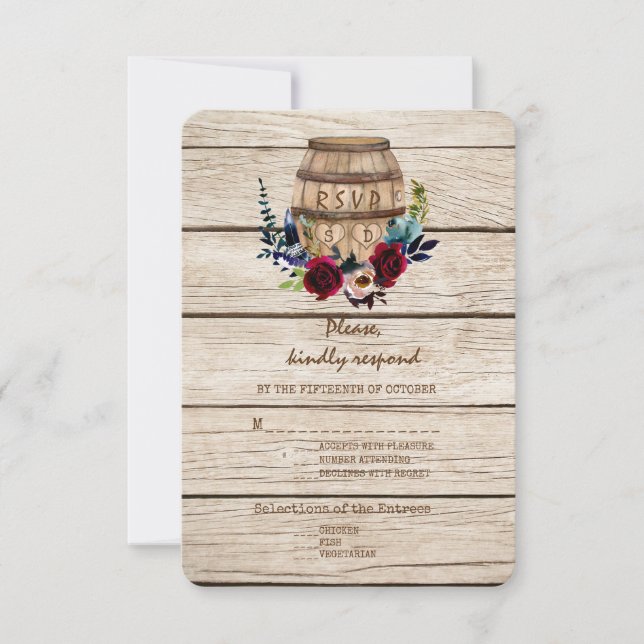 Burgundy Floral Wine Barrel Fall Wedding RSVP (Front)