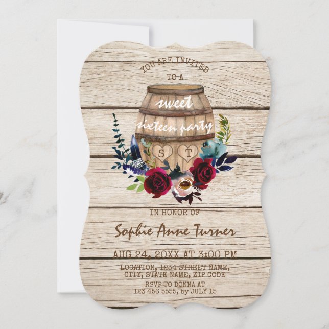 Burgundy Floral Wine Barrel Sweet Sixteen Invitation (Front)