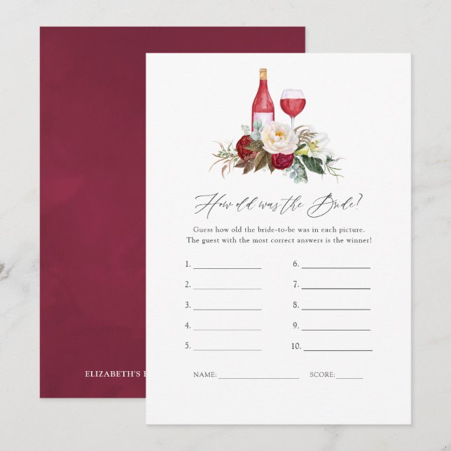 Burgundy Floral Wine Tasting Bridal Shower Game Invitation (Front/Back)
