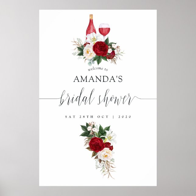 Burgundy Floral Wine Tasting Bridal Shower Welcome Poster (Front)