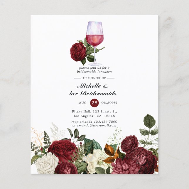 Burgundy Floral Wine Tasting Bridesmaids Luncheon Flyer (Front)