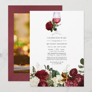 Burgundy Floral Wine Tasting Celebration of Life Invitation