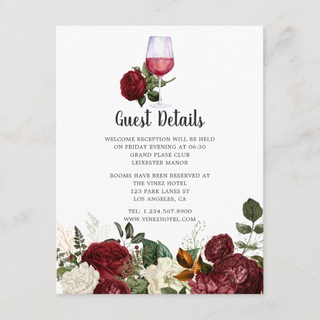 Burgundy Floral Wine Tasting Wedding Guest Details Enclosure Card (Front)