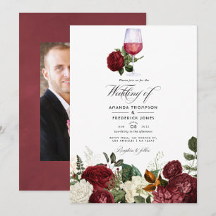 Burgundy Floral Wine Tasting Wedding Photo Invitation