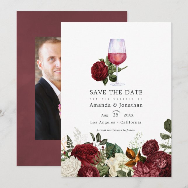 Burgundy Floral Wine Tasting Wedding Photo Save The Date (Front/Back)